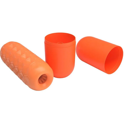 Orange zylindrischer schaumstoffroller mit diamantstruktur und passenden plastikbechern im pretty love twin balls männlicher masturbator orange