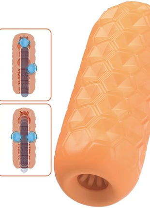 Orange silikon männlicher masturbator mit honigwabenstruktur und zwei blauen kugeln innen von pretty love