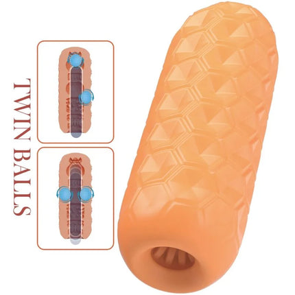 Orange silikon männlicher masturbator mit honigwabenstruktur und zwei blauen kugeln innen von pretty love