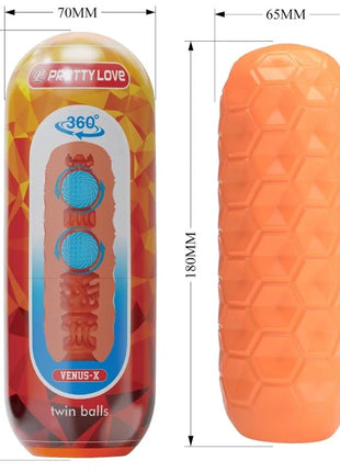 Oranger strukturierter silikon-masturbator mit twin balls im bunten transparenten pretty love venus-x verpackung