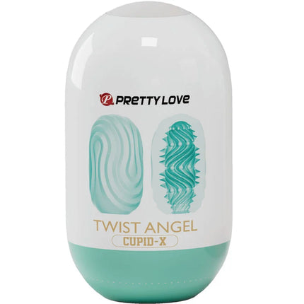 Ein oval geformter weißer und türkisfarbener plastikbehälter mit glänzender oberfläche enthält den Pretty Love Twist Angel Cupid Masturbator