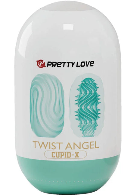 Ein oval geformter weißer und türkisfarbener plastikbehälter mit glänzender oberfläche enthält den Pretty Love Twist Angel Cupid Masturbator