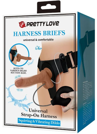 PRETTY LOVE - UNIVERSAL HARNESS SLIP MIT VIBRIERENDEM UND SQUIRTING-DILDO 15,5 CM MULATO