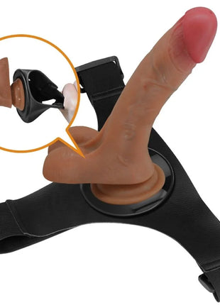 PRETTY LOVE - UNIVERSAL HARNESS SLIP MIT VIBRIERENDEM UND SQUIRTING-DILDO 15,5 CM MULATO