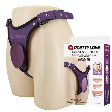Pretty love universeller strap-on harness slips aus lila leder mit schwarzem trim und saugfuß für dildos unter 90mm