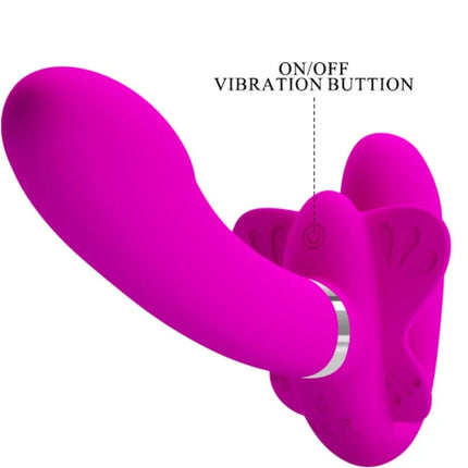 Prätty love valerie doppel-strap-on-vibrator mit 12 vibrationen, magentafarbenem silikon und silbernem ring