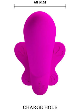 Vibranter magentafarbener silikon-doppel-strap-on-vibrator valerie von pretty love mit glatter glänzender oberfläche und schmetterlingsflügeln