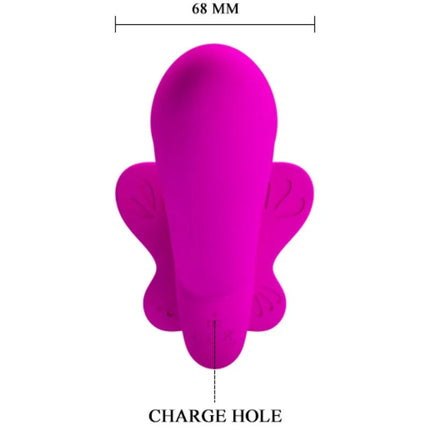 Vibranter magentafarbener silikon-doppel-strap-on-vibrator valerie von pretty love mit glatter glänzender oberfläche und schmetterlingsflügeln