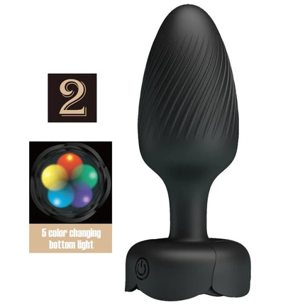 Schwarzer silikon analplug von pretty love mit strukturierter, gerippter oberfläche und led-licht power-knopf
