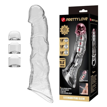 Klare transparente silikon penisverlängerungshülle pretty love mit drei abnehmbaren längenmodulen und flexiblem material