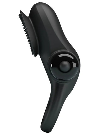 Schwarzes silikon grooming tool mit gebogenem griff und borstenbürste im produkt pretty love vibratorring ii für den schwarzen penis