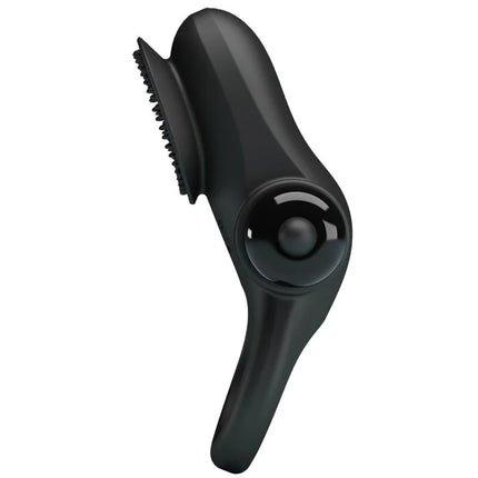 Schwarzes silikon grooming tool mit gebogenem griff und borstenbürste im produkt pretty love vibratorring ii für den schwarzen penis