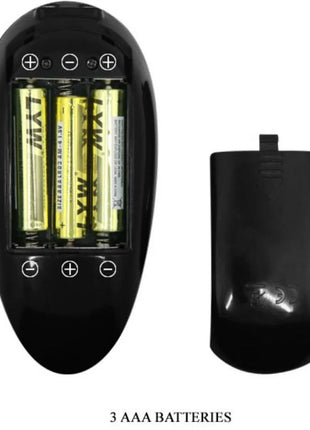 Schwarze kunststoff-fernbedienung mit drei eingesetzten aaa-batterien für pretty love vito strap-on mit hohldildo und vibration 17,3 cm