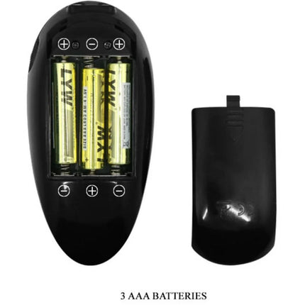 Schwarze kunststoff-fernbedienung mit drei eingesetzten aaa-batterien für pretty love vito strap-on mit hohldildo und vibration 17,3 cm