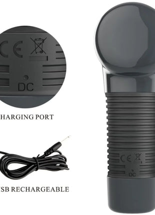 Hochglänzender schwarzer wiederaufladbarer pretty love massager aus plastik mit gerundetem kopf und geriffeltem griff