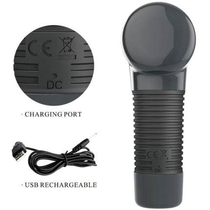Hochglänzender schwarzer wiederaufladbarer pretty love massager aus plastik mit gerundetem kopf und geriffeltem griff