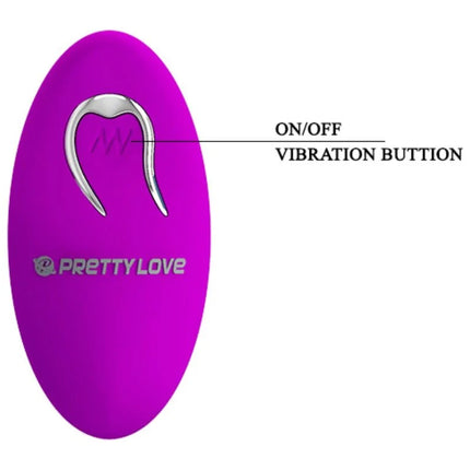 Lila ovaler vibrator mit silbernem an aus schalter und pretty love logo für fernbediente stimulierung