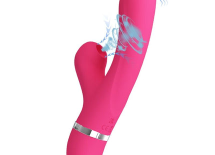 Vibrant pink silikon rabbit vibrator mit silbernem metallband nah am basis von Pretty Love Willow Rabbit Vibrator und Sauger
