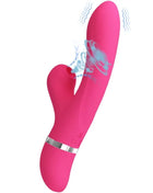 Vibrant pink silikon rabbit vibrator mit silbernem metallband nah am basis von Pretty Love Willow Rabbit Vibrator und Sauger