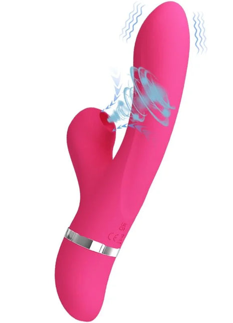 Vibrant pink silikon rabbit vibrator mit silbernem metallband nah am basis von Pretty Love Willow Rabbit Vibrator und Sauger