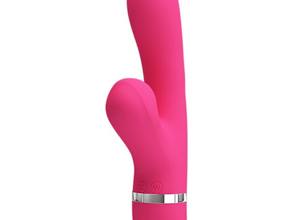 Vibrant pink silikon rabbit vibrator mit silbernem band nahe der basis von pretty love willow rabbit vibrator und sauger
