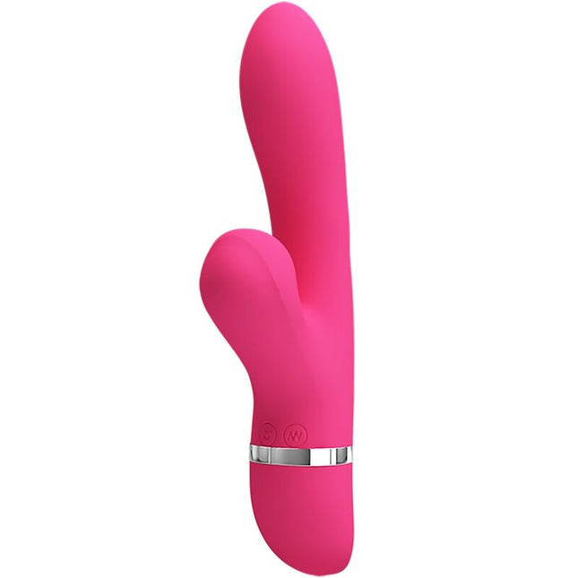 Vibrant pink silikon rabbit vibrator mit silbernem band nahe der basis von pretty love willow rabbit vibrator und sauger