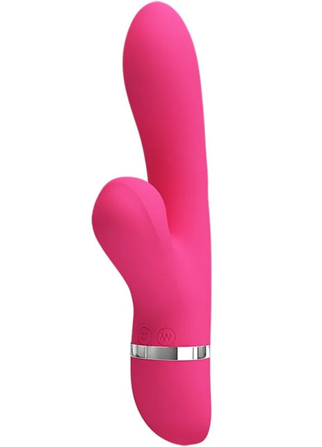 Vibrant pink silikon rabbit vibrator mit silbernem band nahe der basis von pretty love willow rabbit vibrator und sauger
