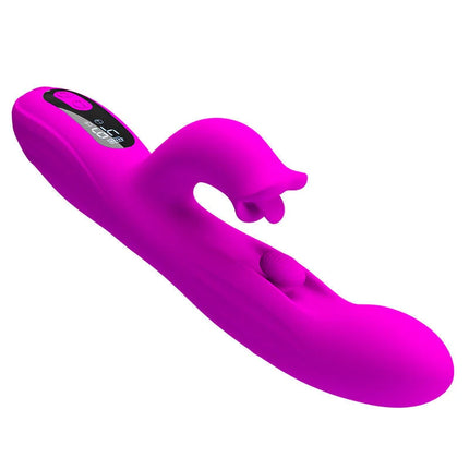 Vibranter magentafarbener pretty love vibrator mit gebogenem kopf aus silikon und led-anzeige schwarz am boden