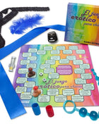 Farbenfrohes rainbow-theme erotisches spielbrett mit zentralem raster und spanischen anweisungen für lgbt jungs