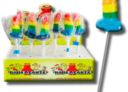 Bunter gummi-lutscher penis mit regenbogenstreifen und weißem stiel im design pride lgbt