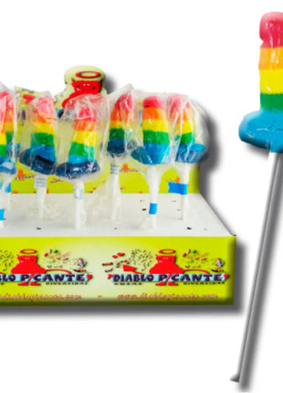 Bunter gummi-lutscher penis mit regenbogenstreifen und weißem stiel im design pride lgbt