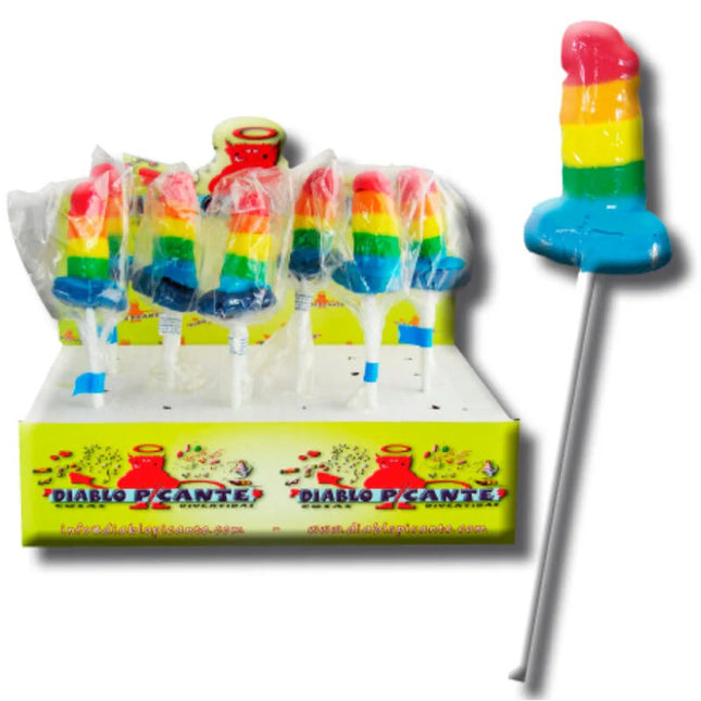 Bunter gummi-lutscher penis mit regenbogenstreifen und weißem stiel im design pride lgbt