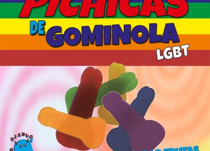 Bunte rainbow-gestreifte gummibrüchen penis früchte in verschiedenen formen für pride lgbt fans