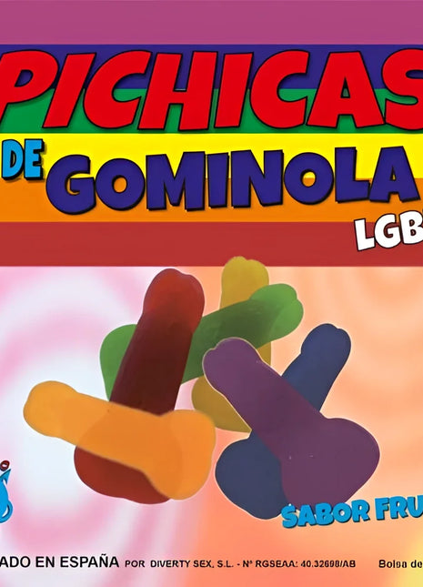 Bunte rainbow-gestreifte gummibrüchen penis früchte in verschiedenen formen für pride lgbt fans