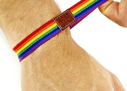 Luxus pride junge Gummiarmband mit regenbogenfarbener gestreifter stoffbändern und braunem lederpatch