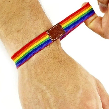 Luxus pride junge Gummiarmband mit regenbogenfarbener gestreifter stoffbändern und braunem lederpatch