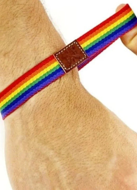 Luxus pride junge Gummiarmband mit regenbogenfarbener gestreifter stoffbändern und braunem lederpatch