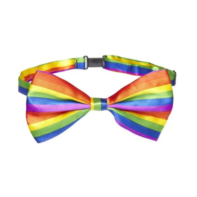 Pride lgbt-flagge fliege mit regenbogenstreifen aus satin und metallverschluss
