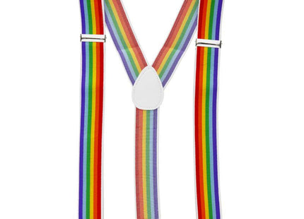 Pride lgbt-flagge hosenträger aus regenbogenstoff mit weißem y-rücken und silbernen clips sichtbar von hinten
