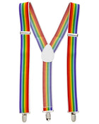 Pride lgbt-flagge hosenträger aus regenbogenstoff mit weißem y-rücken und silbernen clips sichtbar von hinten