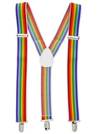 Pride lgbt-flagge hosenträger aus regenbogenstoff mit weißem y-rücken und silbernen clips sichtbar von hinten