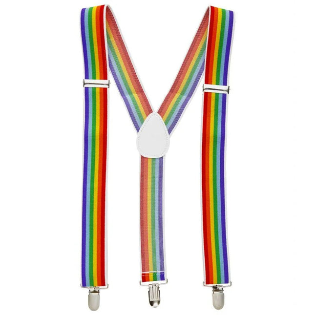 Pride lgbt-flagge hosenträger aus regenbogenstoff mit weißem y-rücken und silbernen clips sichtbar von hinten