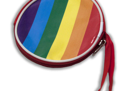 Runde geldbörse in regenbogenfarben mit rotem reißverschluss und passendem handgelenkriemen pride lgbt-flagge