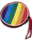Runde geldbörse in regenbogenfarben mit rotem reißverschluss und passendem handgelenkriemen pride lgbt-flagge