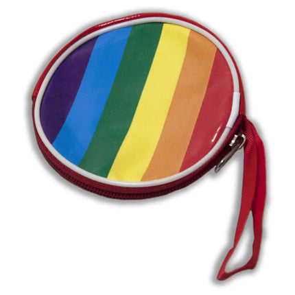 Runde geldbörse in regenbogenfarben mit rotem reißverschluss und passendem handgelenkriemen pride lgbt-flagge