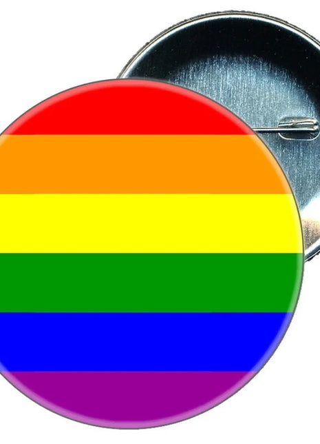 Runder glänzender anstecker mit six horizontalen streifen in rot orange gelb grün blau und lila pride lgbt-flaggen-anstecker