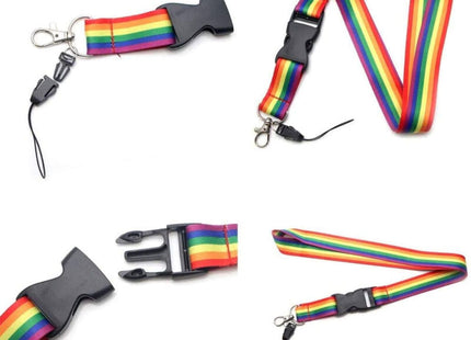 Pride lgbt-flaggen-schlüsselband mit regenbogenstreifen, schwarzer plastik-schnalle und metall-schlüsselring