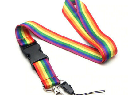 Rainbow gestreiftes lgbt-flaggen schlüsselband mit schwarzem kunststoffverschluss und metallkarabinerhaken
