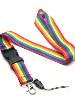 Rainbow gestreiftes lgbt-flaggen schlüsselband mit schwarzem kunststoffverschluss und metallkarabinerhaken