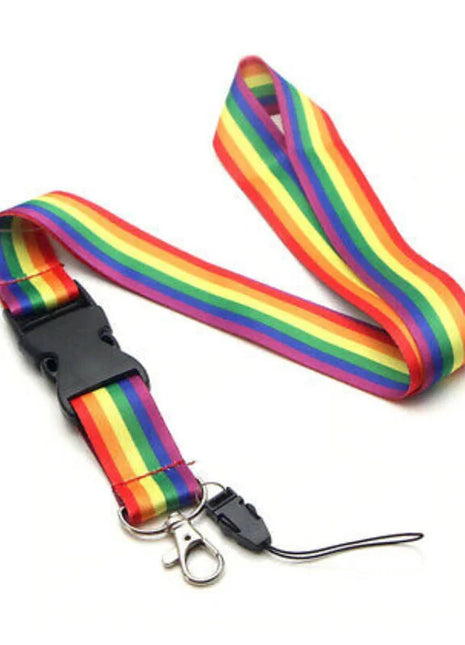 Rainbow gestreiftes lgbt-flaggen schlüsselband mit schwarzem kunststoffverschluss und metallkarabinerhaken